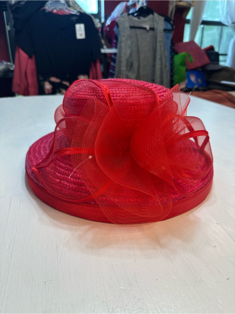 Red Straw Church Derby Hat Wide Brim Floral Mesh Fascinator Kentucky Derby Tea - Picture 2 of 9